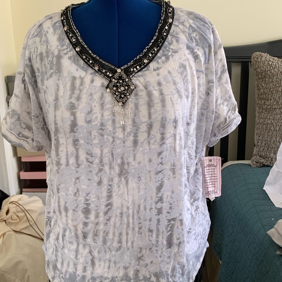 NWT Awake Burnout Embellished Neckline Blouse - Picture 1 of 4